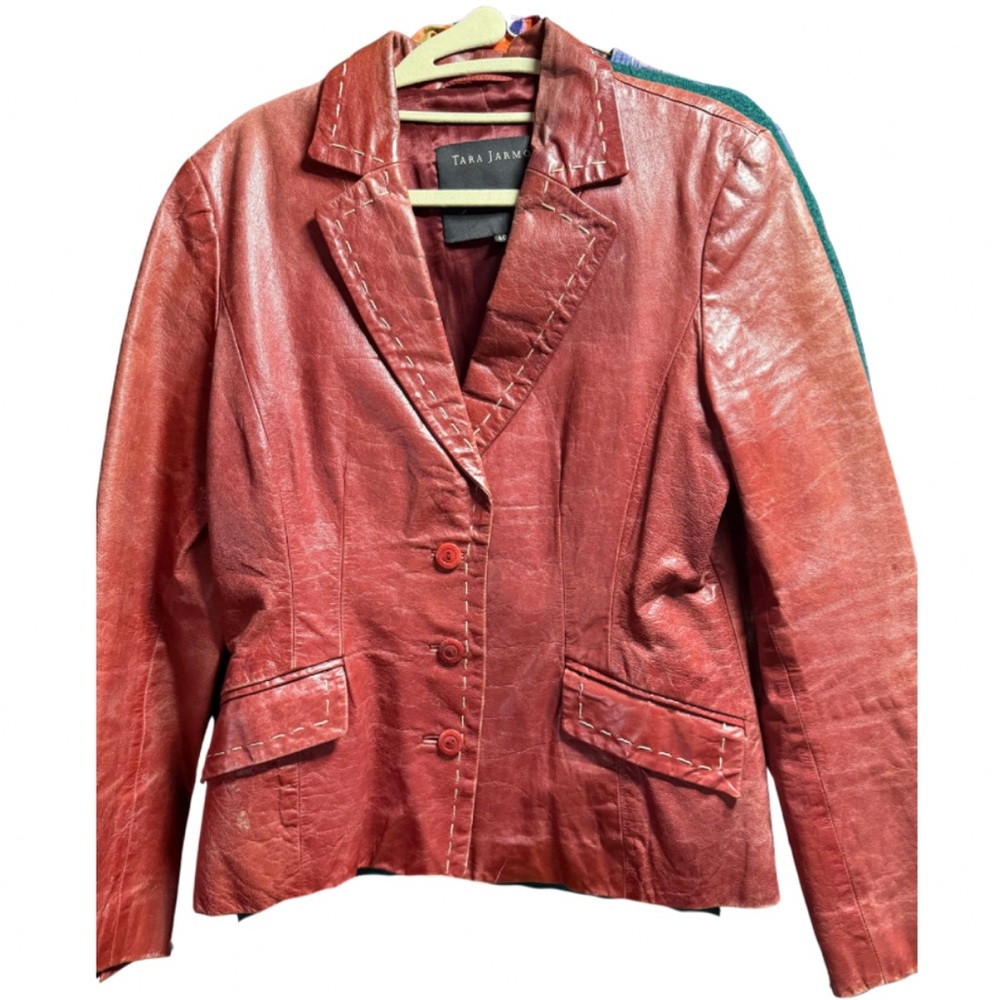 Tara Jarmon Vintage Chestnut Brown Red Leather Jacket - Picture 1 of 9